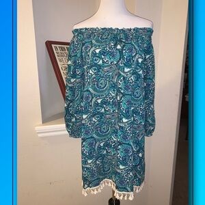 Altar’d State green off shoulder dress, tassels